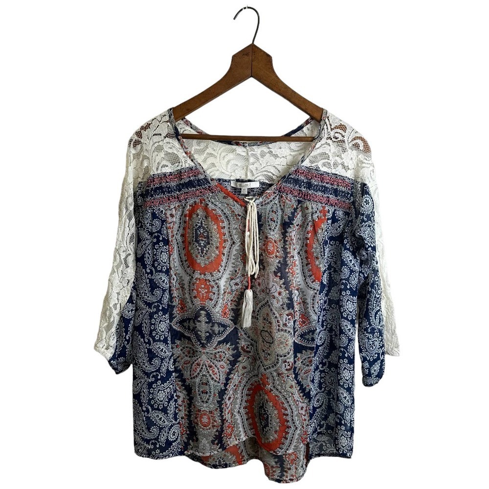 Miss Me Blouse Women’s‎ Sz. XS, Blue Orange Peasant Top, 3/4 Sleeve